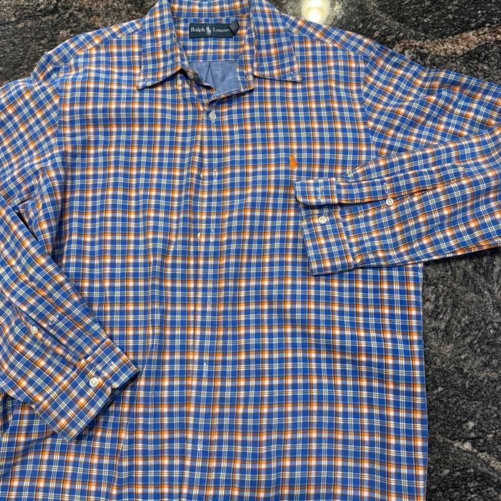 Ralph Lauren Button Down Men L Blue Orange Plaid Chambray Dbl Lined Pony Shirt